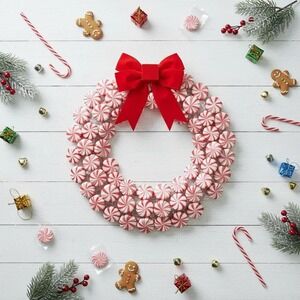 24" Red and White Peppermint Wreath‎ - Festive Christmas Door Decor